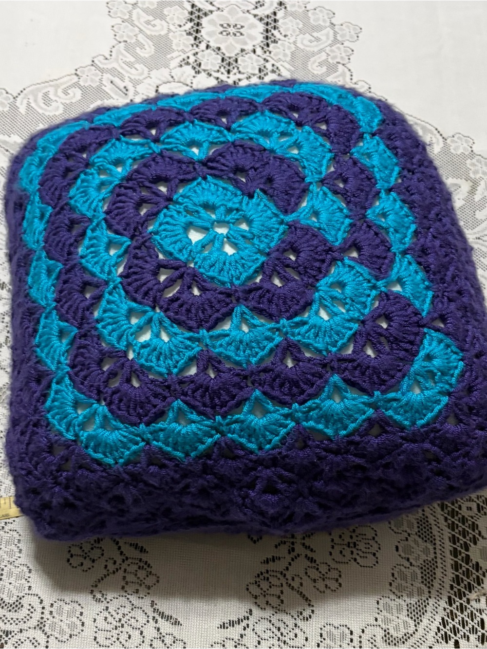 Grandmas Handmade Crocheted Pillow – Blue & Purple